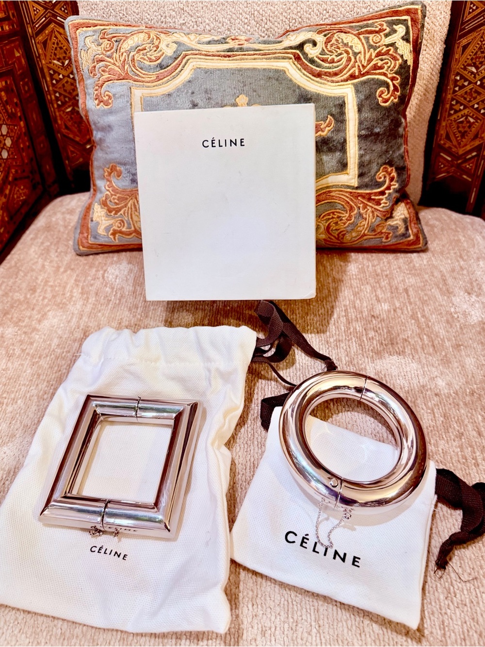 Celine: Rare Set of Two: Phoebe Philo Rhodium Plated Brass Bangles